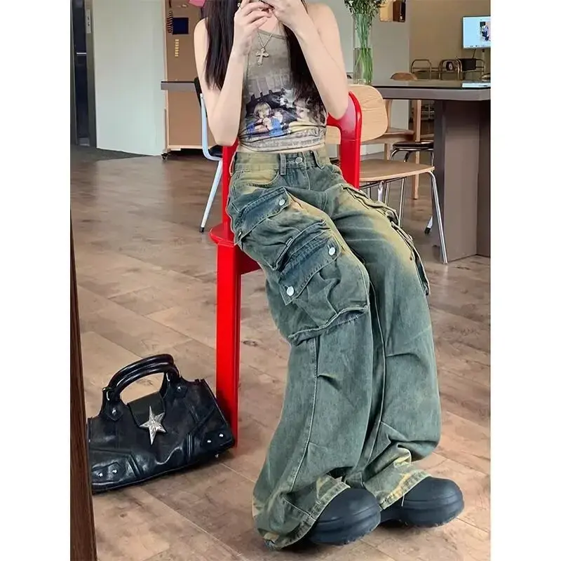 American Casual Wide Leg High Waist Denim Jeans Women's Loose Tummy Covering Slimming Long Pants Trendy Multi-Pocket Design
