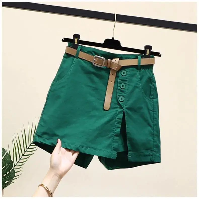 New 2025 Women's Cotton Shorts High Waist A- Line Skirt with Belt Korean Style Summer Fashion Button Pure Cotton Pants