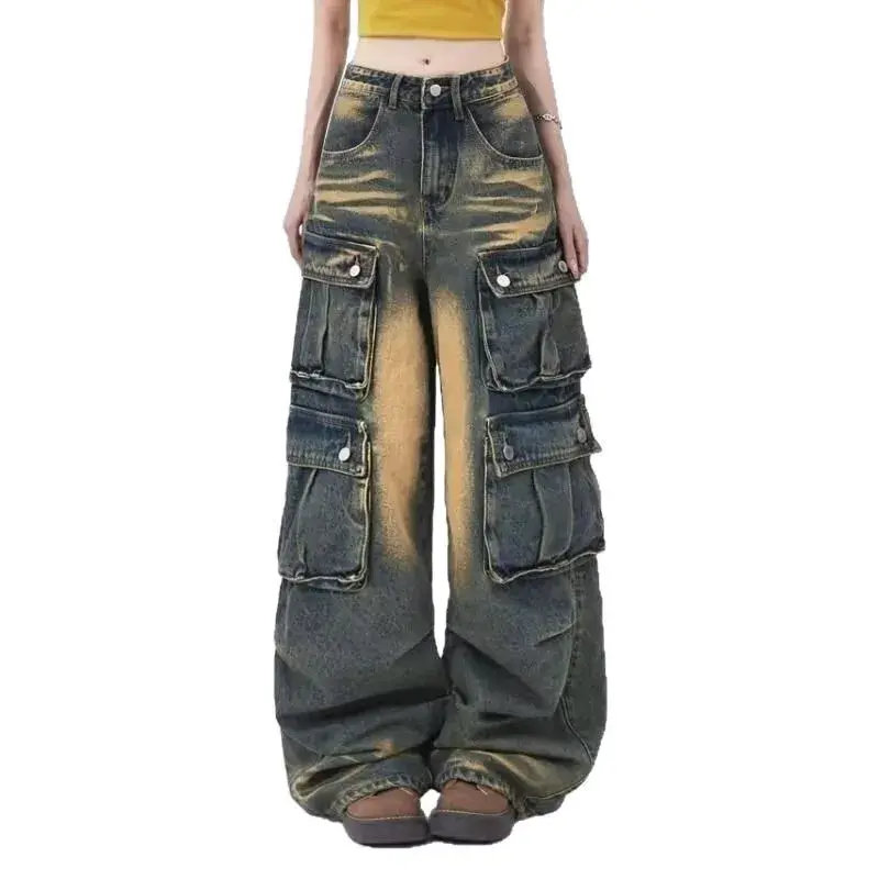 American Casual Wide Leg High Waist Denim Jeans Women's Loose Tummy Covering Slimming Long Pants Trendy Multi-Pocket Design