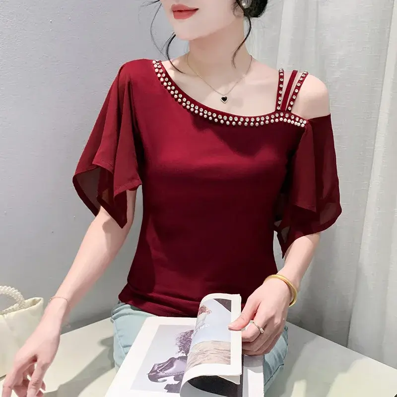 Sexy Korean Style Shoulder Bared T Shirt Women Short Sleeve Summer New Fashion Design Glitter Top Trendy Small Shirt