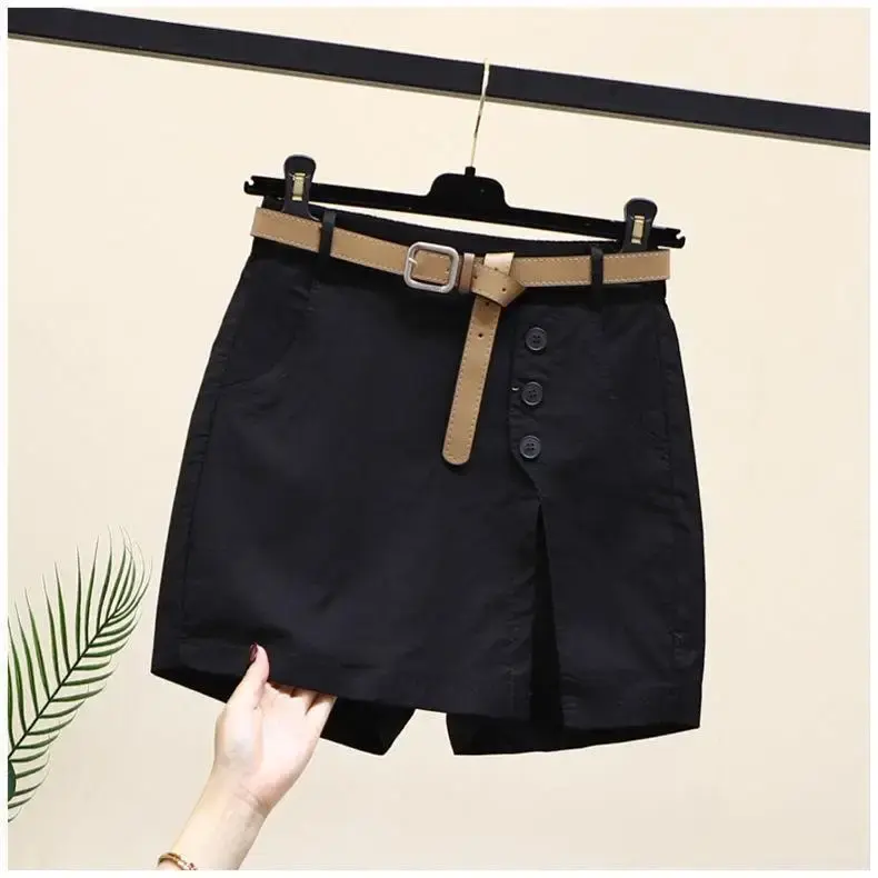 New 2025 Women's Cotton Shorts High Waist A- Line Skirt with Belt Korean Style Summer Fashion Button Pure Cotton Pants