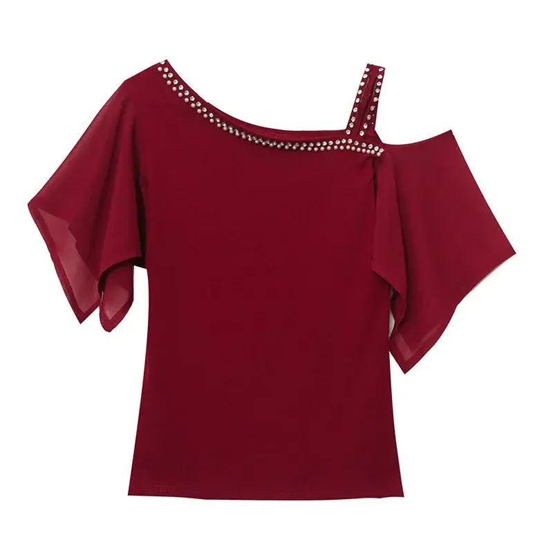 Sexy Korean Style Shoulder Bared T Shirt Women Short Sleeve Summer New Fashion Design Glitter Top Trendy Small Shirt