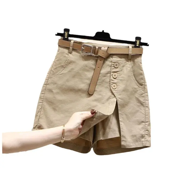 New 2025 Women's Cotton Shorts High Waist A- Line Skirt with Belt Korean Style Summer Fashion Button Pure Cotton Pants