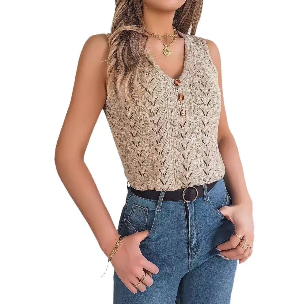 2024 Spring Summer European Style Button V-Neck Hollow Sleeveless Top Holiday Knitted Top Independent Stand Across Border Women'