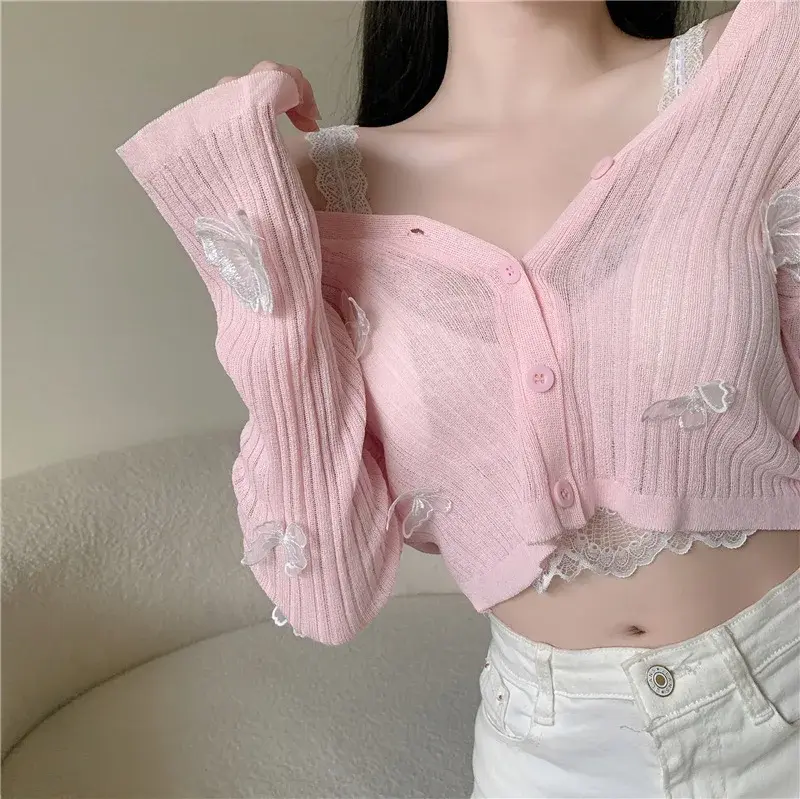 Lightweight Short Knitted Lace Butterfly Design Sun Protection Cardigan Long Sleeve Women's Top Summer New Style AE Stock