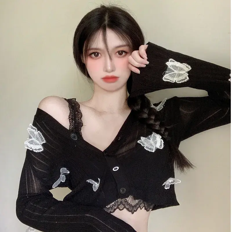 Lightweight Short Knitted Lace Butterfly Design Sun Protection Cardigan Long Sleeve Women's Top Summer New Style AE Stock