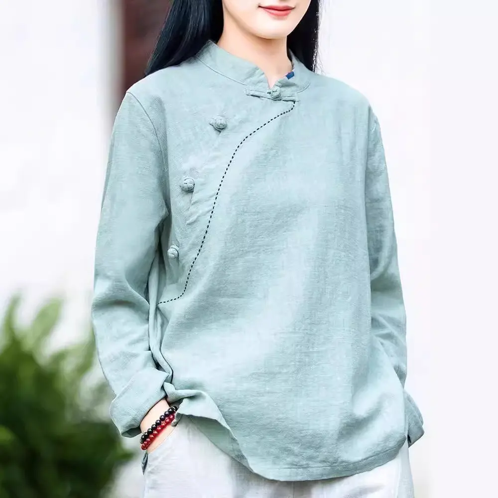 Vintage Cotton Linen Long Sleeve Shirt Women's Loose-fit Slimming Stand Collar Crossbody Button Top For Spring Summer Autumn