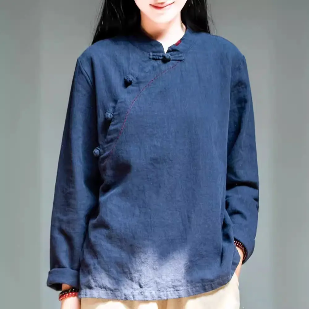 Vintage Cotton Linen Long Sleeve Shirt Women's Loose-fit Slimming Stand Collar Crossbody Button Top For Spring Summer Autumn