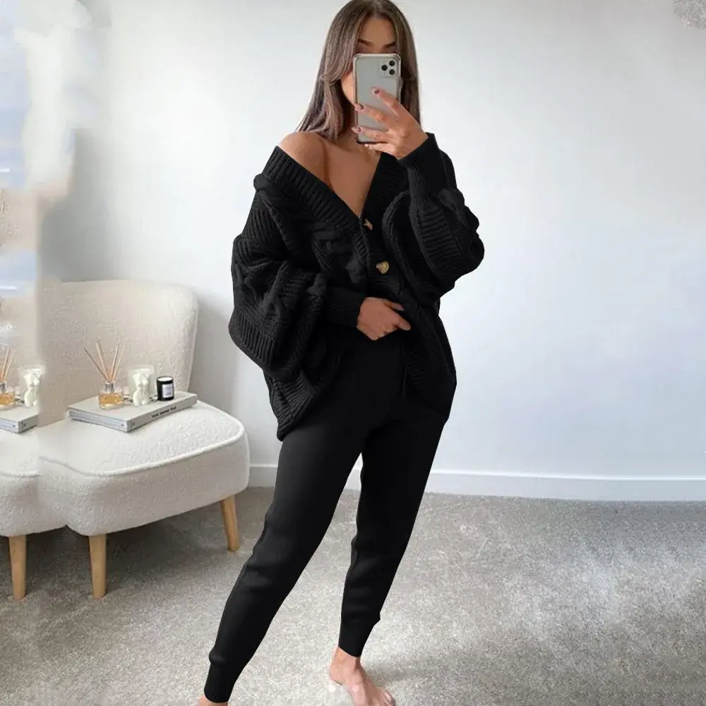 Women's Knitted Sweater Thickened V-neck Button Set Pure Color Fashionable New Style Top And Bottom Ensemble from Mainland China