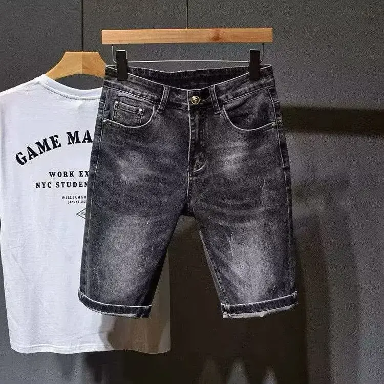American Style Men's Denim Shorts Trendy Brand Versatile Vintage Stretch Slims Smooths Silhouette Loose-fit Straight-leg Pants