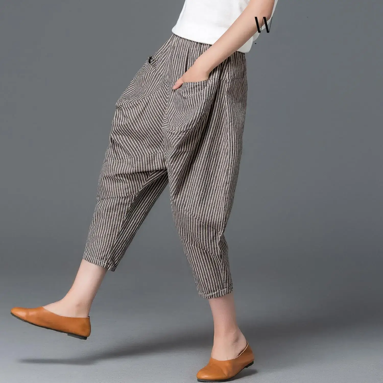 Cotton Linen Harajuku Style Thin Summer Lantern Pants Women's Eighteen Length Slimming Loose Elastic Waist Wide Leg Trousers