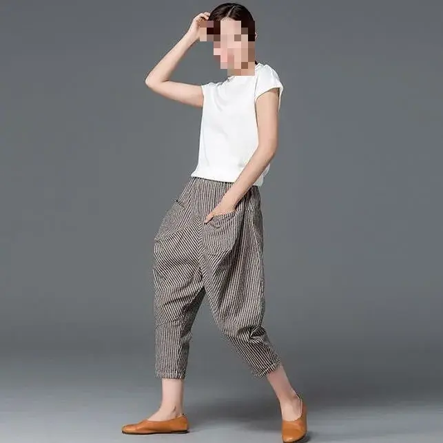 Cotton Linen Harajuku Style Thin Summer Lantern Pants Women's Eighteen Length Slimming Loose Elastic Waist Wide Leg Trousers