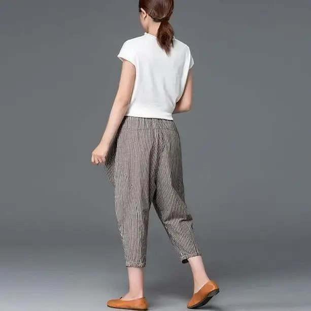Cotton Linen Harajuku Style Thin Summer Lantern Pants Women's Eighteen Length Slimming Loose Elastic Waist Wide Leg Trousers