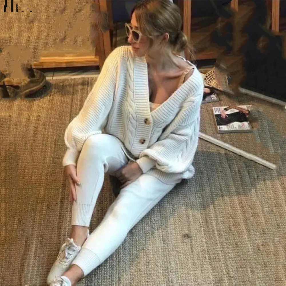 Women's Knitted Sweater Thickened V-neck Button Set Pure Color Fashionable New Style Top And Bottom Ensemble from Mainland China