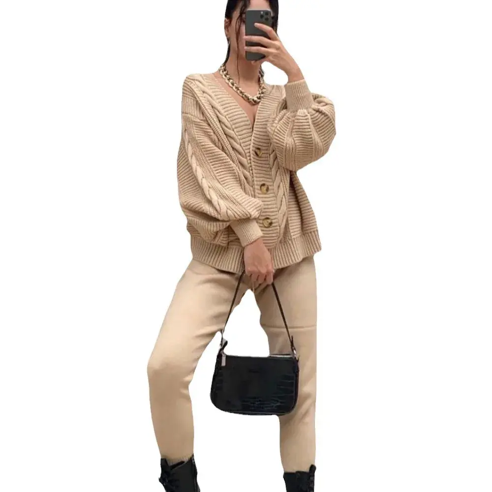 Women's Knitted Sweater Thickened V-neck Button Set Pure Color Fashionable New Style Top And Bottom Ensemble from Mainland China