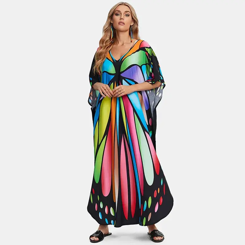 Plus Size Cotton Robe Beach Cover up Holiday Long Dress Sun Protection Women's Loose Fit Printed Gown Summer Vacation Gown