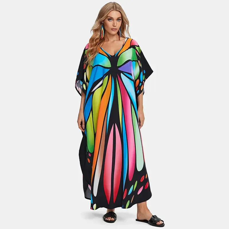 Plus Size Cotton Robe Beach Cover up Holiday Long Dress Sun Protection Women's Loose Fit Printed Gown Summer Vacation Gown