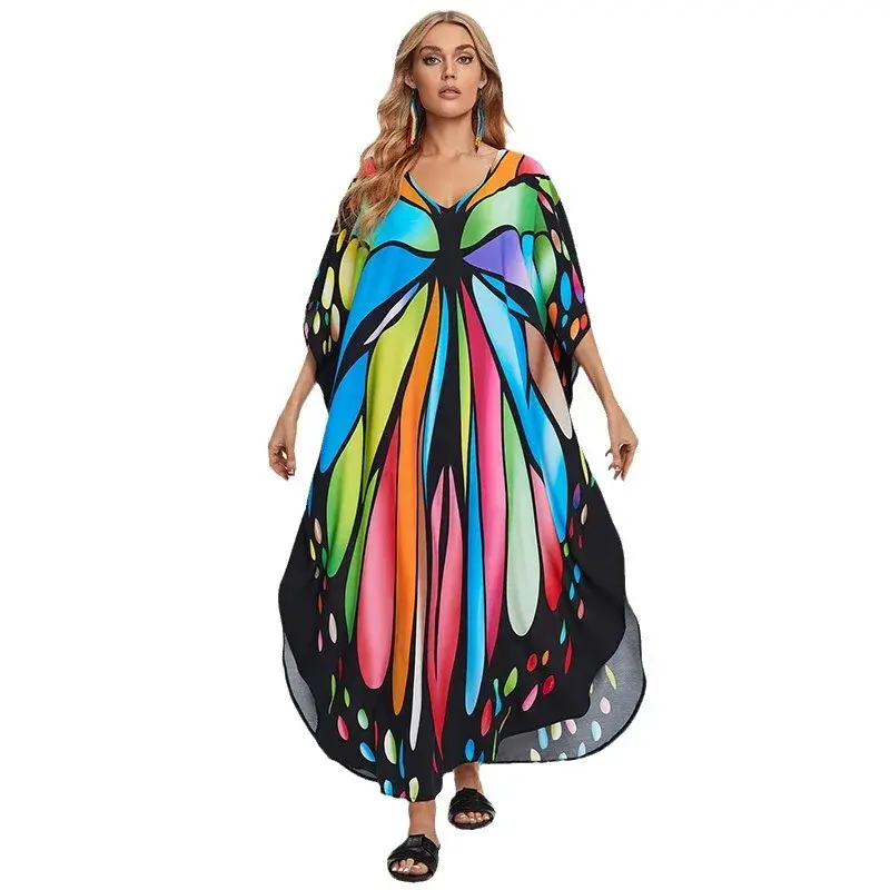 Plus Size Cotton Robe Beach Cover up Holiday Long Dress Sun Protection Women's Loose Fit Printed Gown Summer Vacation Gown