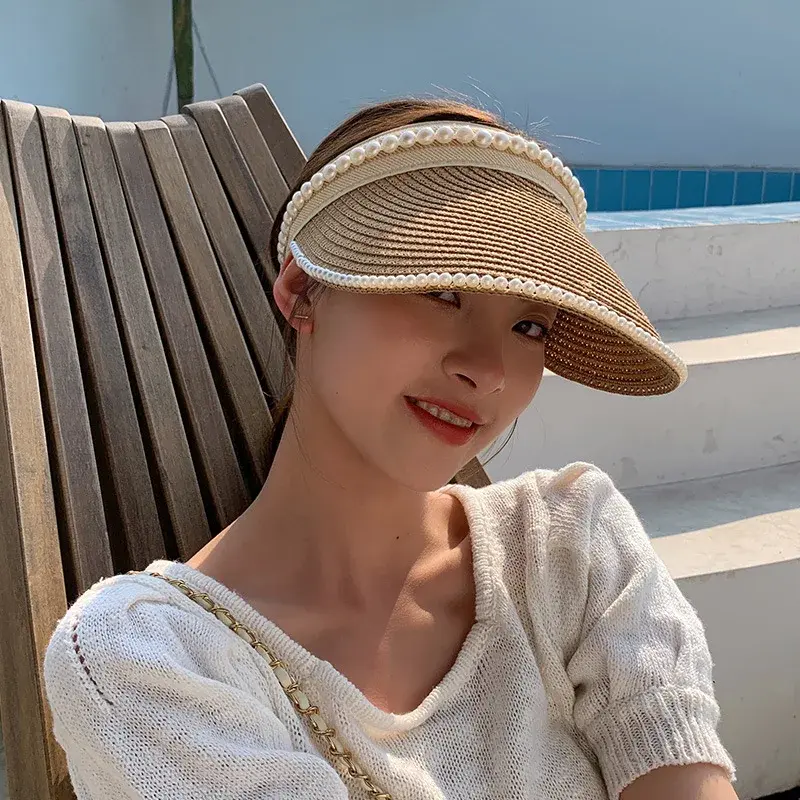 Summer Large Top Sunshade Hat Women's Hairband Outdoor Travel Hair Clip Cropped Studded Pearl Sunshade Cap Sun Protection