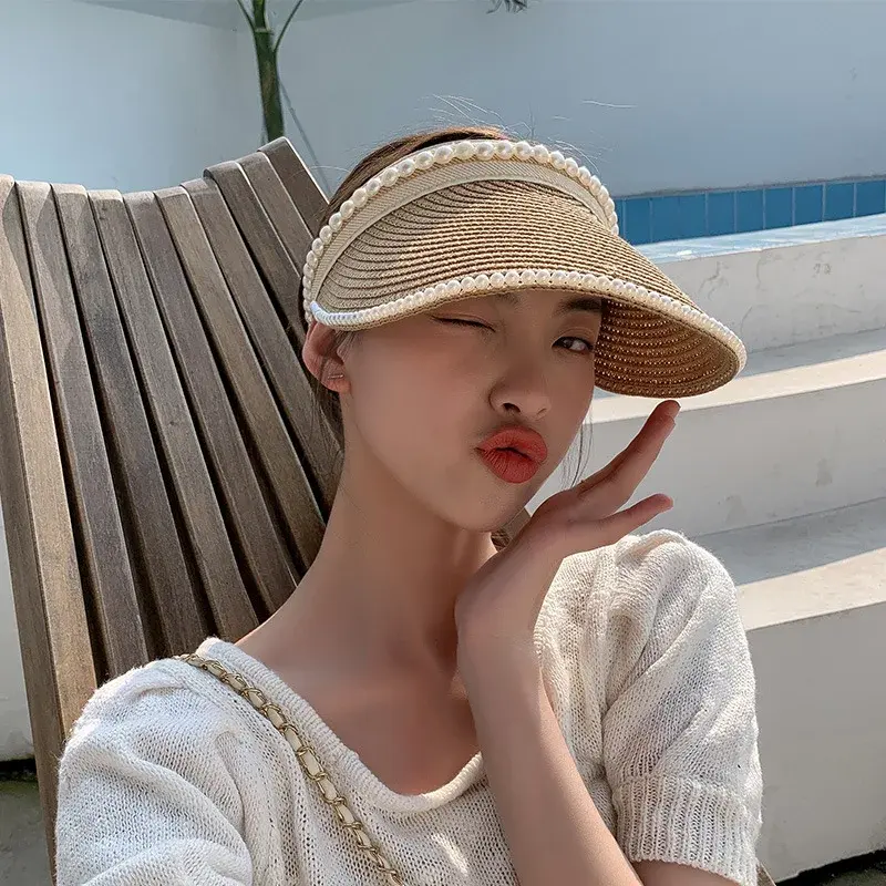 Summer Large Top Sunshade Hat Women's Hairband Outdoor Travel Hair Clip Cropped Studded Pearl Sunshade Cap Sun Protection