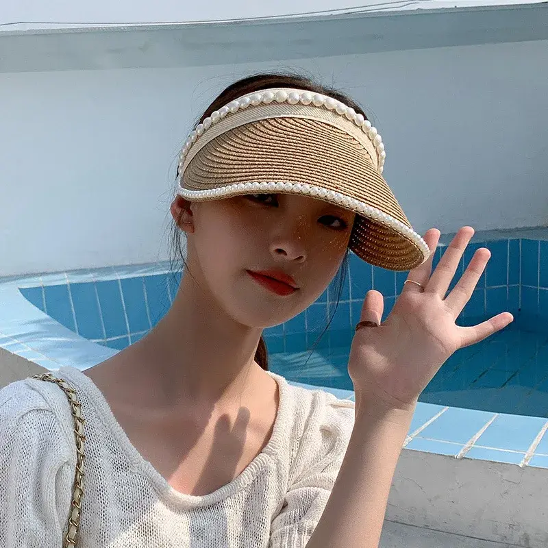 Summer Large Top Sunshade Hat Women's Hairband Outdoor Travel Hair Clip Cropped Studded Pearl Sunshade Cap Sun Protection