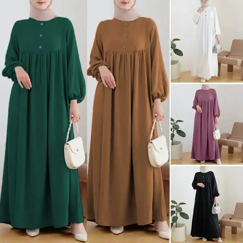 Loose Casual Long Muslim Arab Robe Spring Summer Bubble Sleeve Pure Color Button Dress Women's Top Fashion Clothing