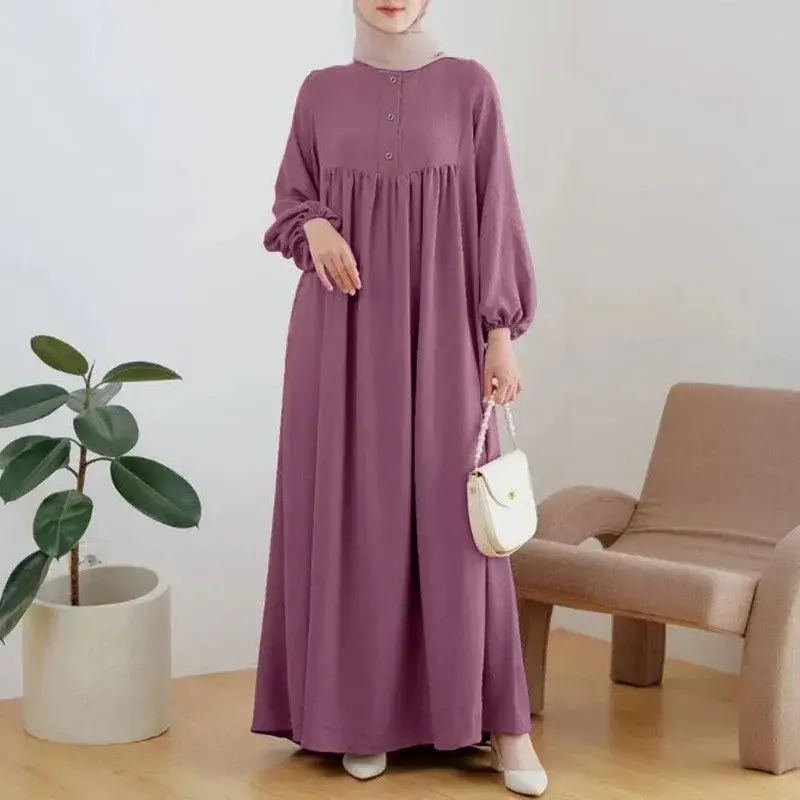 Loose Casual Long Muslim Arab Robe Spring Summer Bubble Sleeve Pure Color Button Dress Women's Top Fashion Clothing
