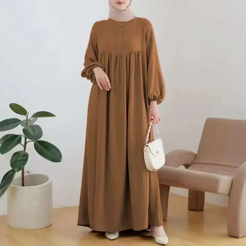 Loose Casual Long Muslim Arab Robe Spring Summer Bubble Sleeve Pure Color Button Dress Women's Top Fashion Clothing