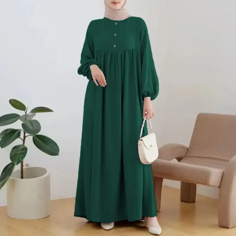 Loose Casual Long Muslim Arab Robe Spring Summer Bubble Sleeve Pure Color Button Dress Women's Top Fashion Clothing