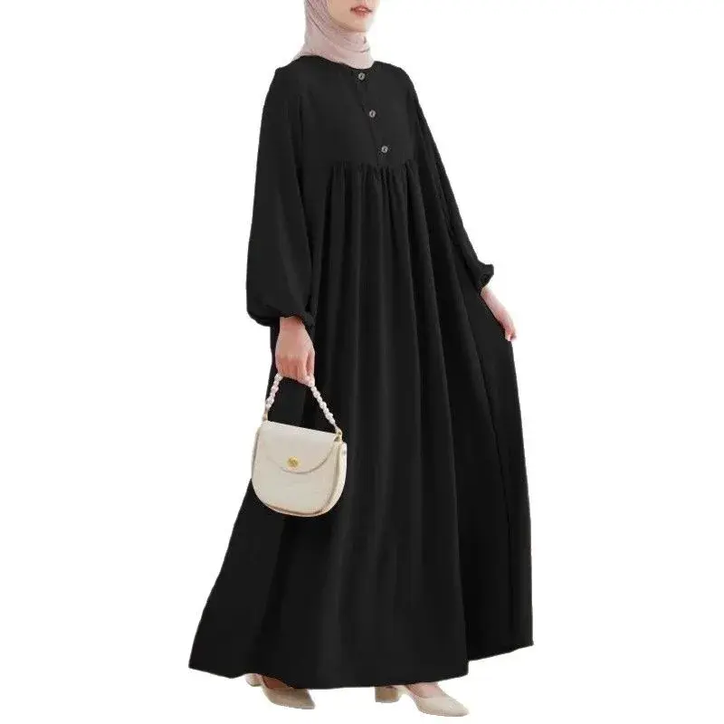 Loose Casual Long Muslim Arab Robe Spring Summer Bubble Sleeve Pure Color Button Dress Women's Top Fashion Clothing
