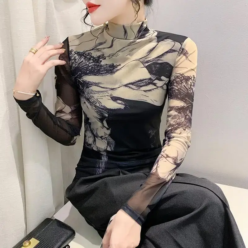 Fashionable Long Sleeve Polo/Turtle Neck Net Yarn Women's T-Shirt Autumn/Winter 2023 Stylish Clothing Top Positioning Flower