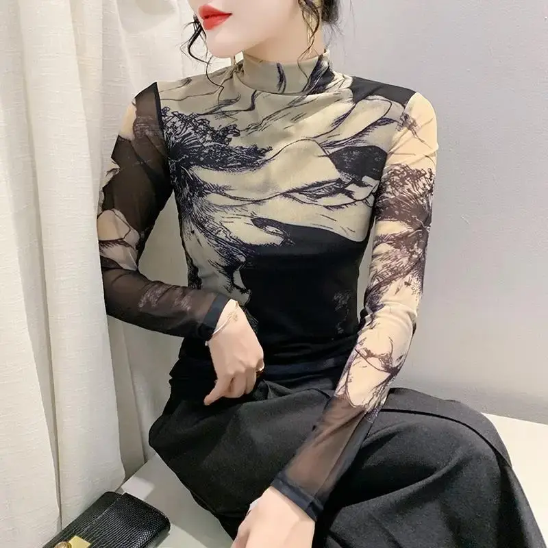 Fashionable Long Sleeve Polo/Turtle Neck Net Yarn Women's T-Shirt Autumn/Winter 2023 Stylish Clothing Top Positioning Flower