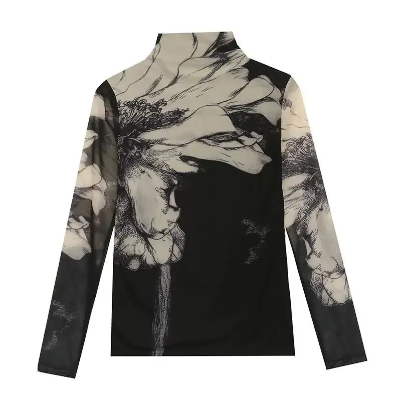 Fashionable Long Sleeve Polo/Turtle Neck Net Yarn Women's T-Shirt Autumn/Winter 2023 Stylish Clothing Top Positioning Flower