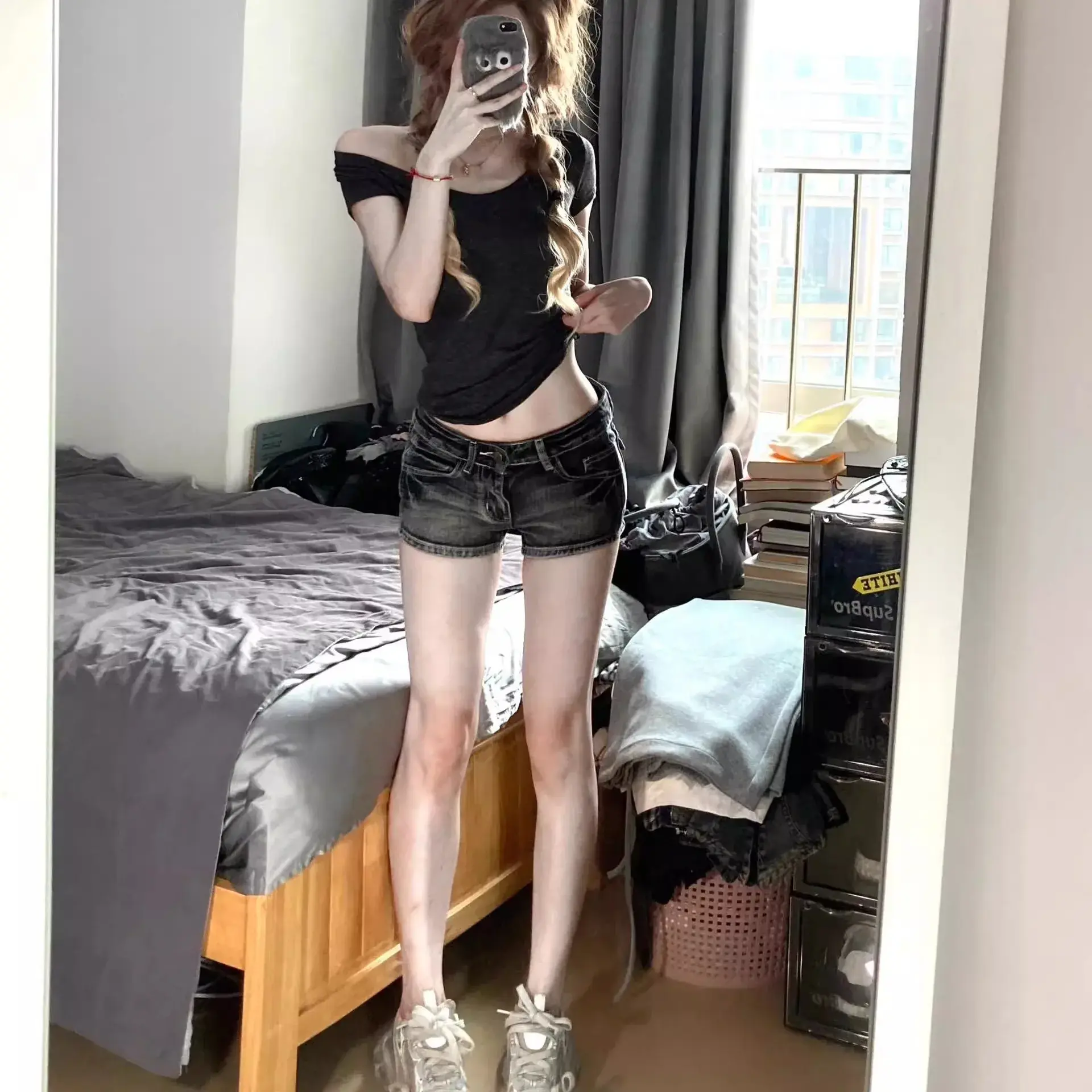 Retro American Grey Black Spicy Low Waist Jeans Shorts Women Summer New Slimming Design High Street Short Pants
