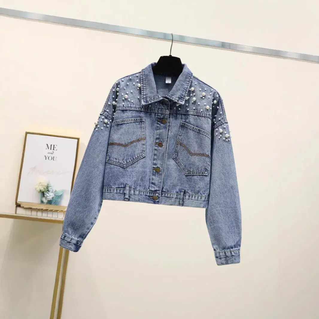 Loose Women's Denim Jacket Long Sleeve Heavy Embellishment Trendy Short Style Casual Fashion Outerwear from Mainland China