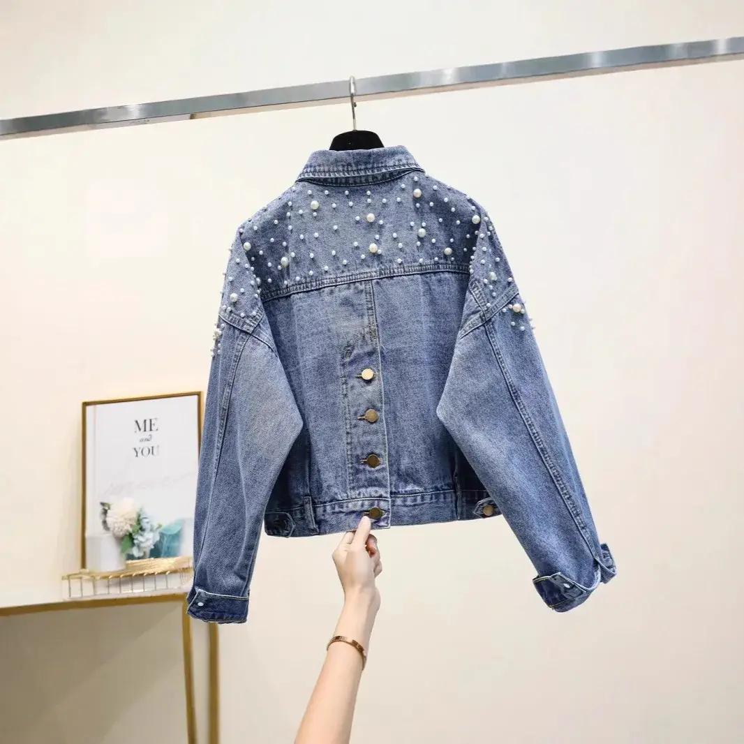 Loose Women's Denim Jacket Long Sleeve Heavy Embellishment Trendy Short Style Casual Fashion Outerwear from Mainland China