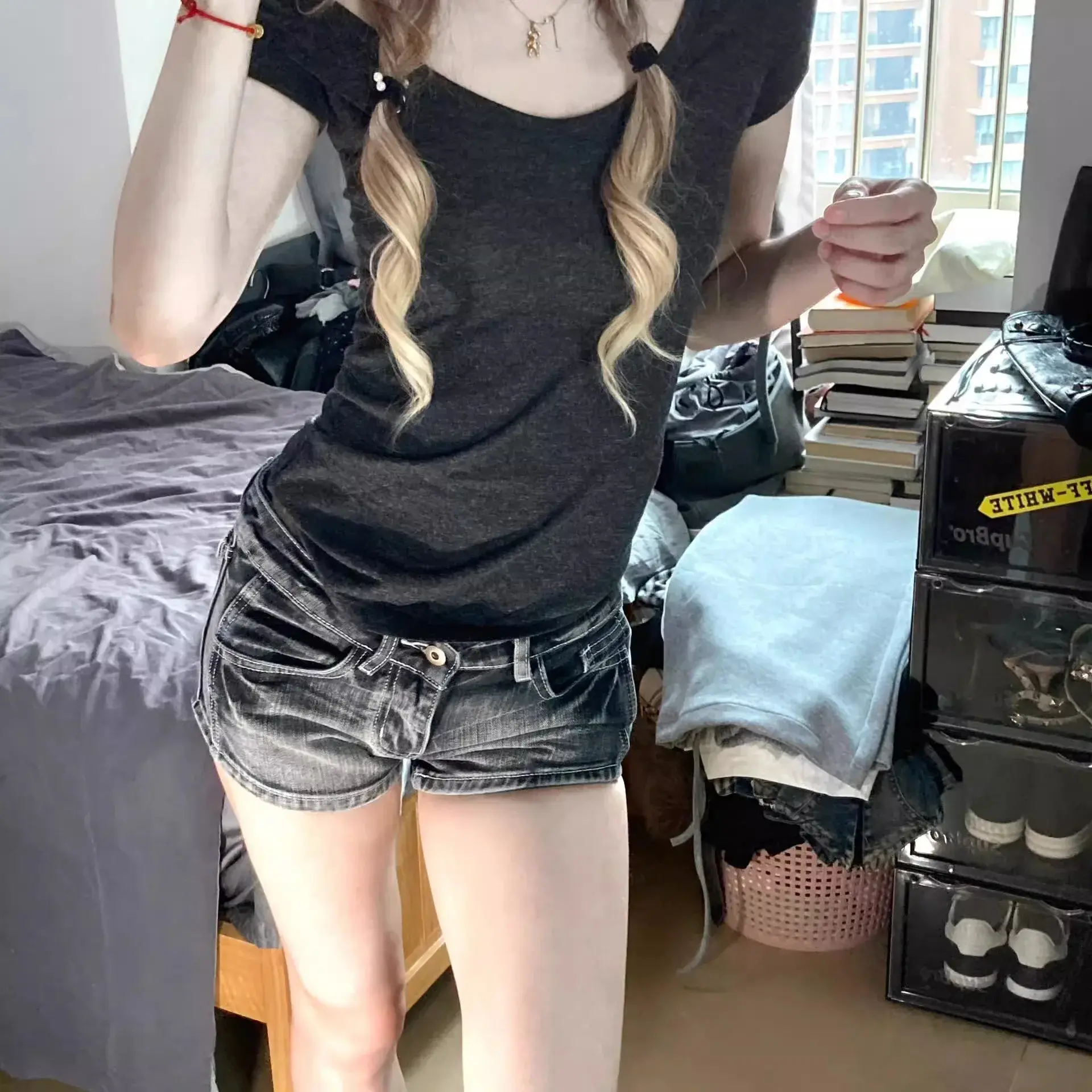 Retro American Grey Black Spicy Low Waist Jeans Shorts Women Summer New Slimming Design High Street Short Pants