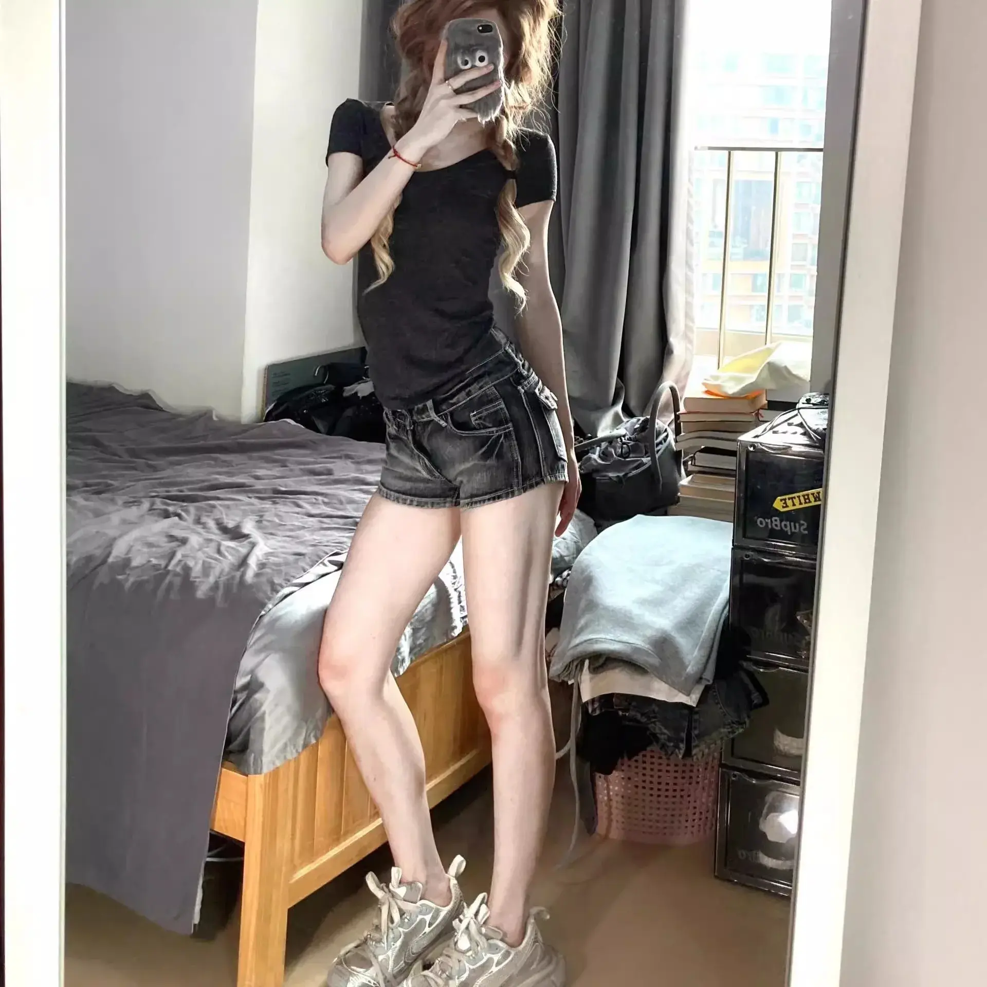 Retro American Grey Black Spicy Low Waist Jeans Shorts Women Summer New Slimming Design High Street Short Pants