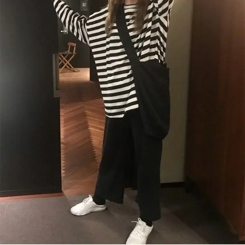 Loose Thin Striped T-Shirt Women's Korean Style Student Versatile Early Autumn Hong Kong Style Top Fashionable Casual Crew Neck