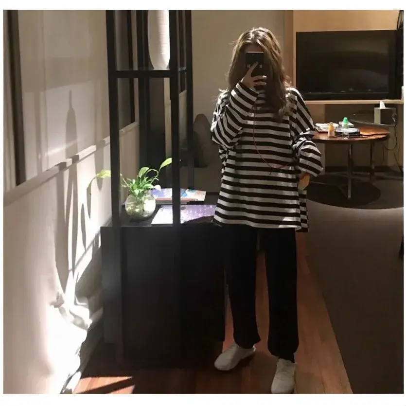 Loose Thin Striped T-Shirt Women's Korean Style Student Versatile Early Autumn Hong Kong Style Top Fashionable Casual Crew Neck