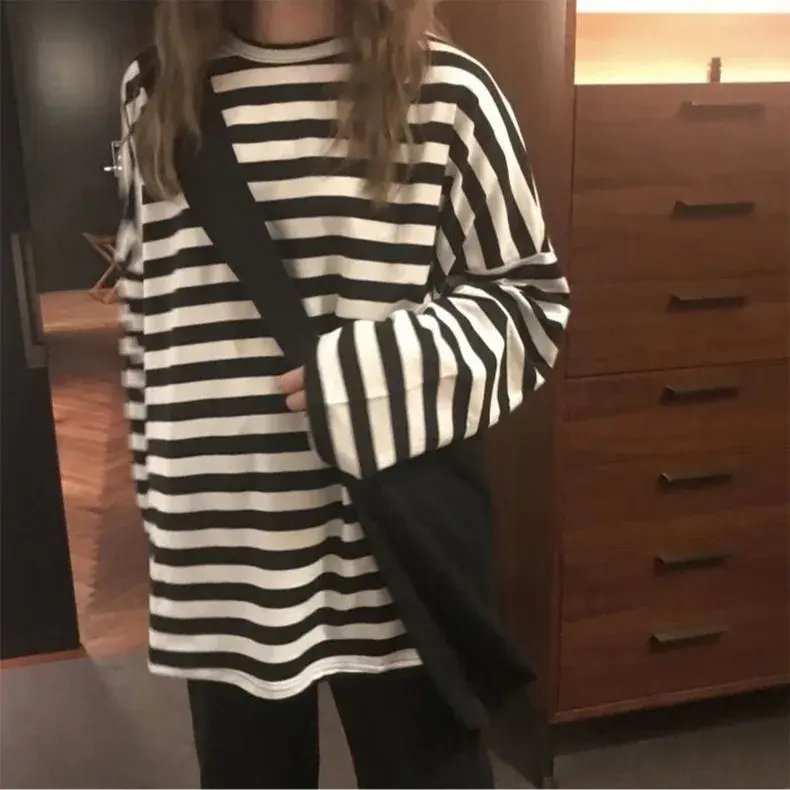 Loose Thin Striped T-Shirt Women's Korean Style Student Versatile Early Autumn Hong Kong Style Top Fashionable Casual Crew Neck
