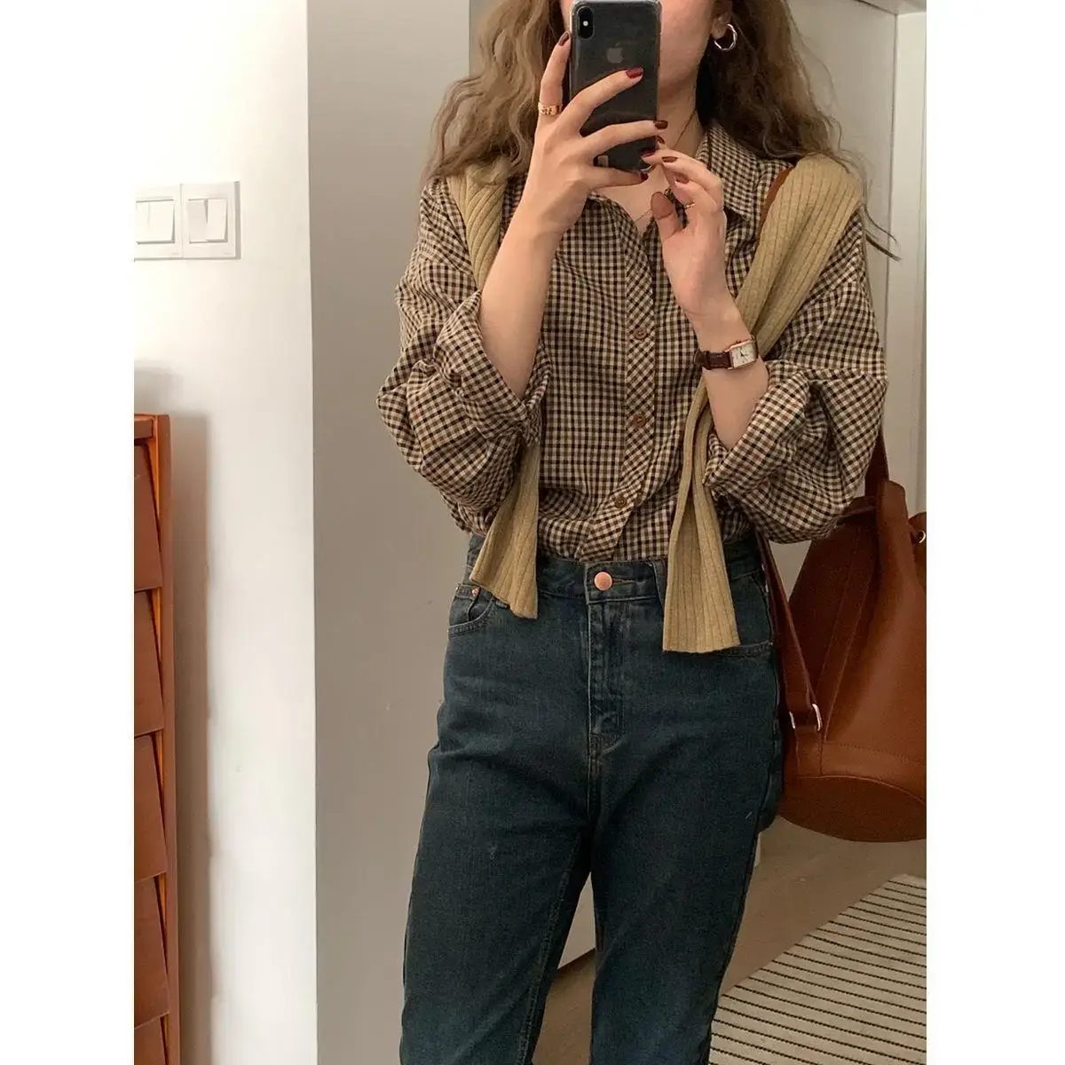 Vintage HongKong Style Plaid Shirt Women's 2021 Autumn New Korean Version Loose-Fit Versatile Long Sleeve Underwear