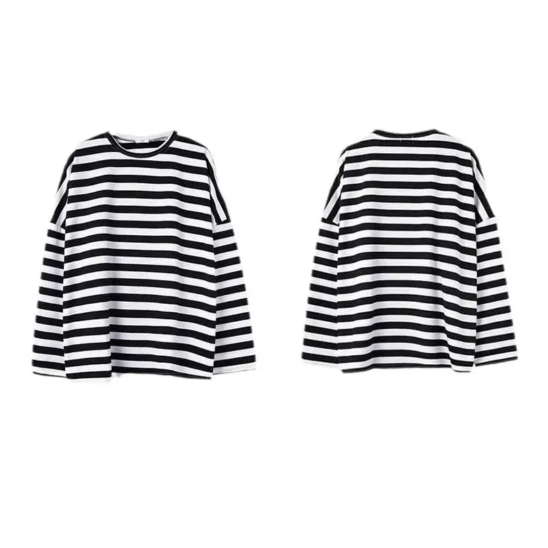Loose Thin Striped T-Shirt Women's Korean Style Student Versatile Early Autumn Hong Kong Style Top Fashionable Casual Crew Neck