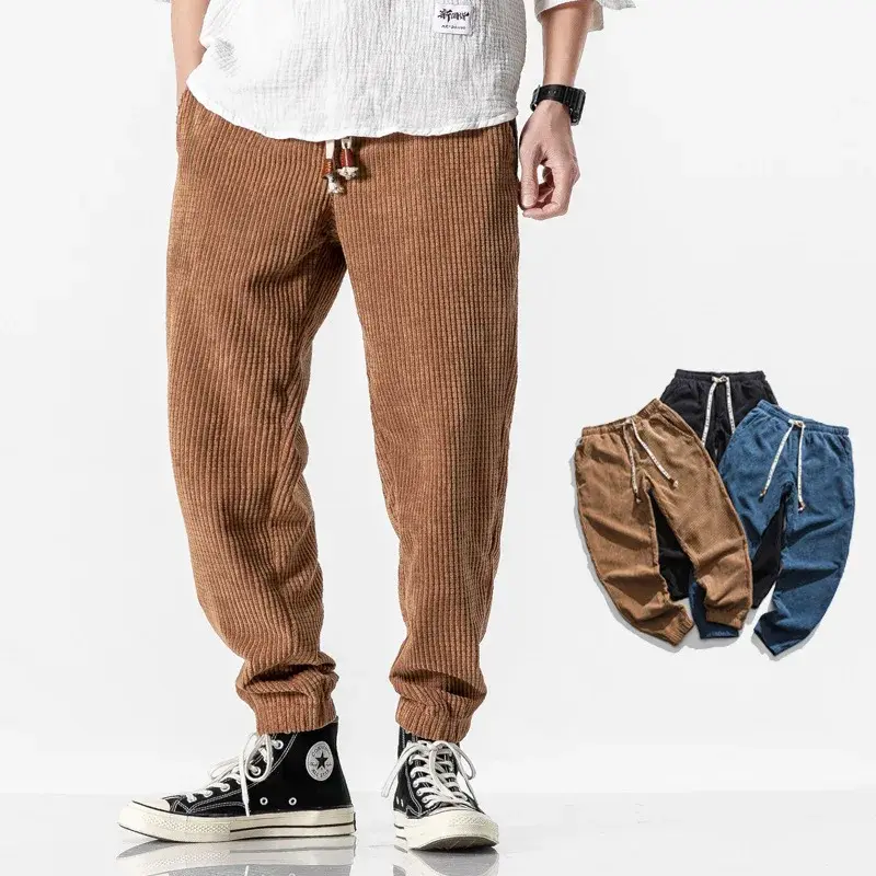 Autumn Solid Color Distressed Teenage Export Japanese Style Chinese Traditional Men's Corduroy Harem Pants Casual Trousers Whole