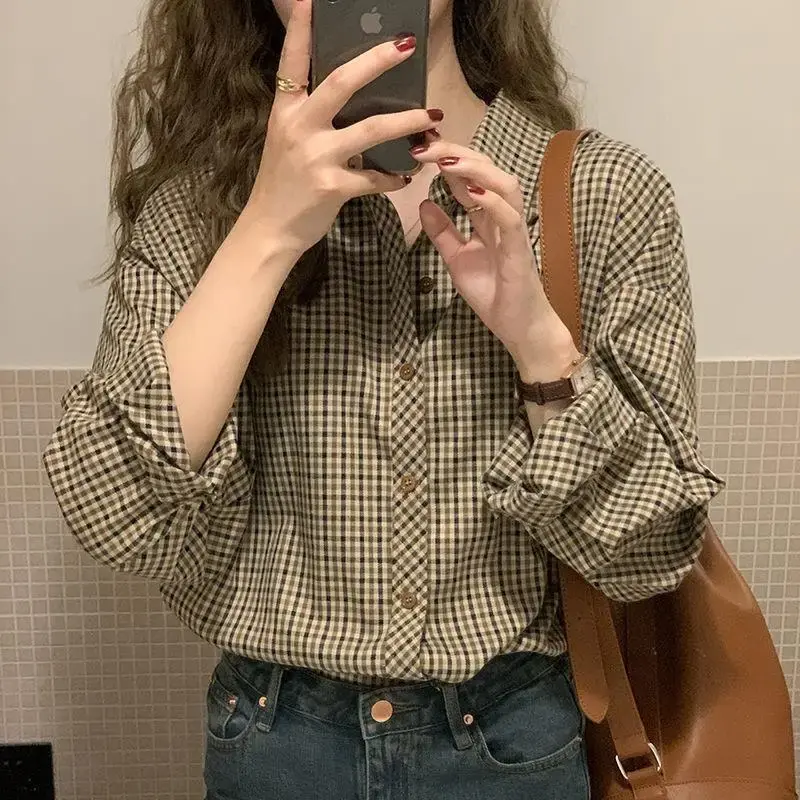 Vintage HongKong Style Plaid Shirt Women's 2021 Autumn New Korean Version Loose-Fit Versatile Long Sleeve Underwear