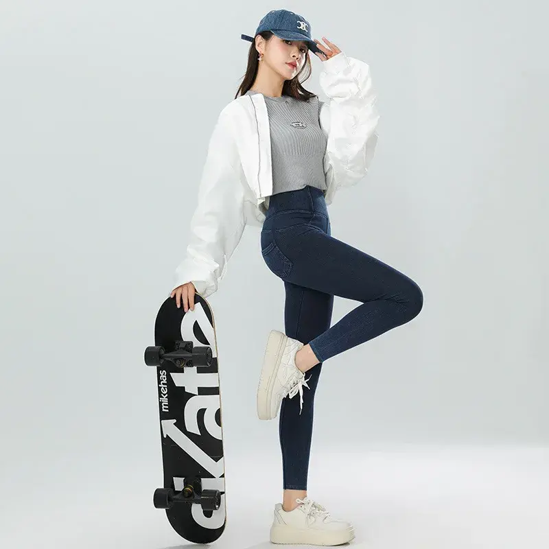Women's Denim Yoga Pants High-Waisted Slimming Black Outerwear Tight Elastic Waist Reducing Belly Bottoming Trousers For Autumn/