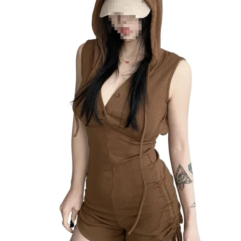American Style Hot Girl Sleeveless Jumpsuit Women's High Waist Slim Fit Yoga Sports Drawstring Shorts Spring Hot Sale Of The Sea