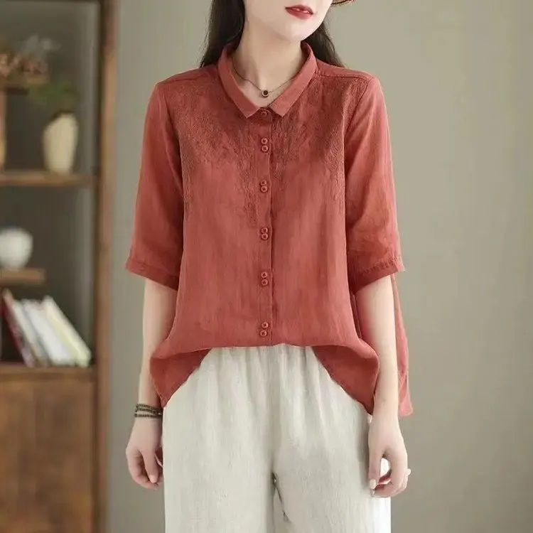 Women's Loose-Fit Half-Sleeve Summer Shirt Embroidered Fashionable Age-Reducing Top Versatile Thin Casual Shirt