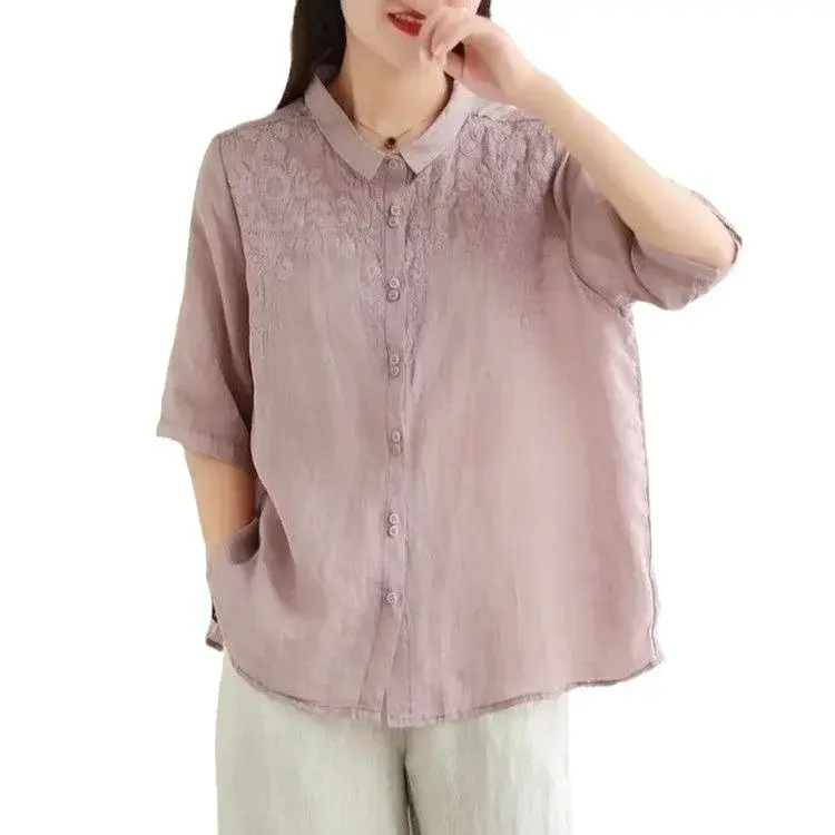 Women's Loose-Fit Half-Sleeve Summer Shirt Embroidered Fashionable Age-Reducing Top Versatile Thin Casual Shirt