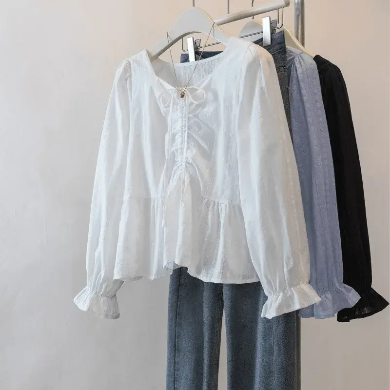 Plus Size Slimming Drawstring V-Neck Shirt Women's Bubble Sleeve Top French Style Autumn New Arrival Cover Belly